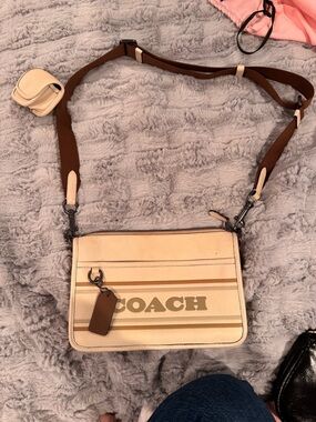 Coach Cream and Brown Logo Stripe Crossbody Bag